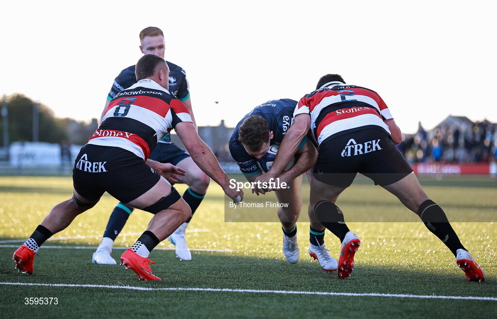 17 October 2026; Cathal Forde of Connacht in action against Saracens players, from left, Ben Earl and Jamie George during the Investec Champions Cup Round 1 match between Connacht and Saracens at Dexcom Stadium in Galway. Photo by Thomas Flinkow/Sportsfile