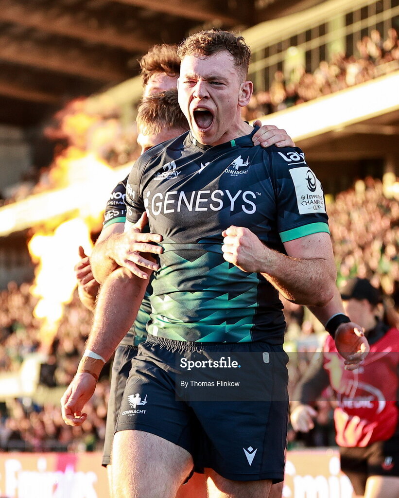 17 October 2026; Cathal Forde of Connacht celebrates after scoring his side's second try during the Investec Champions Cup Round 1 match between Connacht and Saracens at Dexcom Stadium in Galway. Photo by Thomas Flinkow/Sportsfile