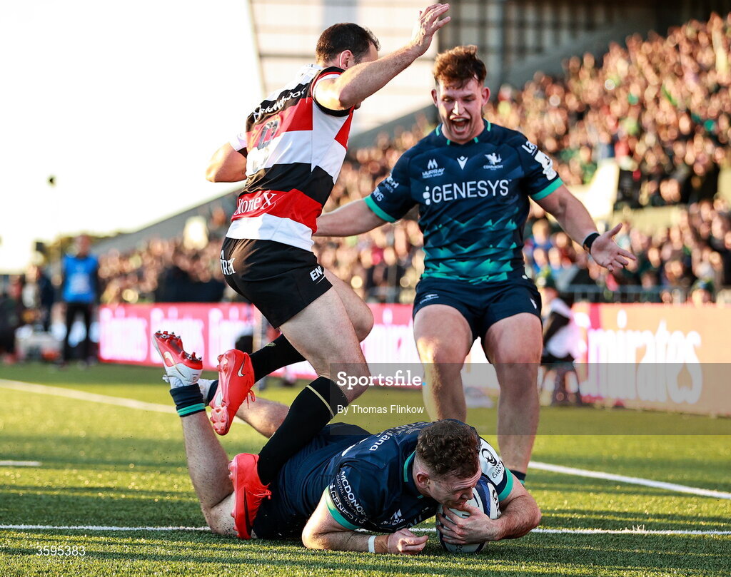 17 October 2026; Cathal Forde of Connacht scores his side's second try during the Investec Champions Cup Round 1 match between Connacht and Saracens at Dexcom Stadium in Galway. Photo by Thomas Flinkow/Sportsfile