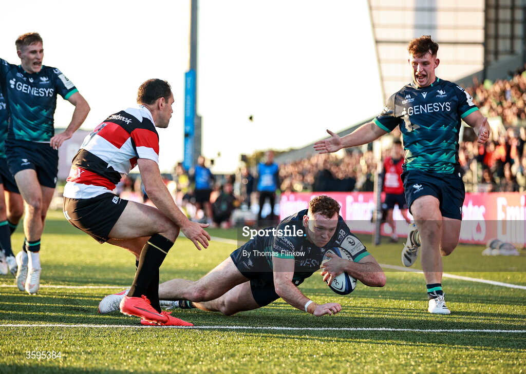 17 October 2026; Cathal Forde of Connacht scores his side's second try during the Investec Champions Cup Round 1 match between Connacht and Saracens at Dexcom Stadium in Galway. Photo by Thomas Flinkow/Sportsfile