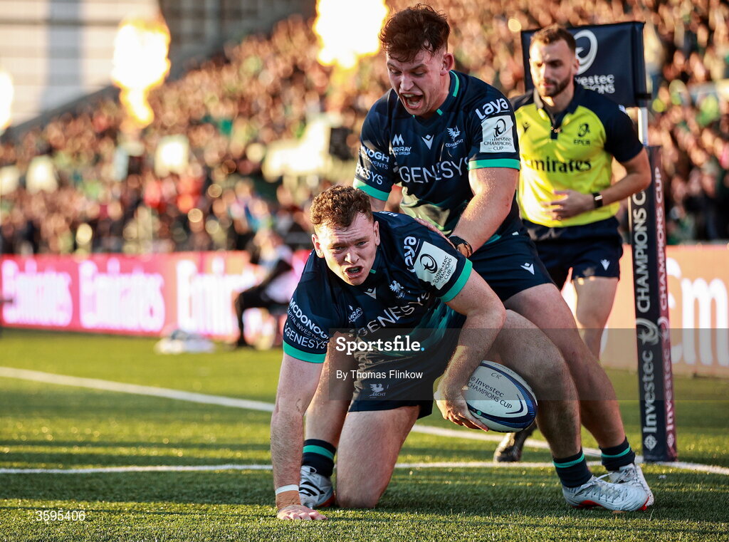 17 October 2026; Cathal Forde of Connacht scores his side's second try during the Investec Champions Cup Round 1 match between Connacht and Saracens at Dexcom Stadium in Galway. Photo by Thomas Flinkow/Sportsfile