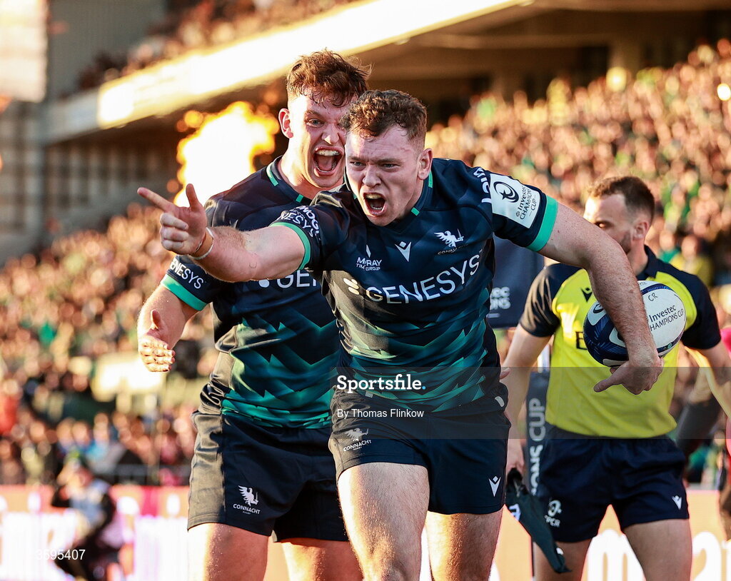 17 October 2026; Cathal Forde of Connacht celebrates after scoring his side's second try during the Investec Champions Cup Round 1 match between Connacht and Saracens at Dexcom Stadium in Galway. Photo by Thomas Flinkow/Sportsfile