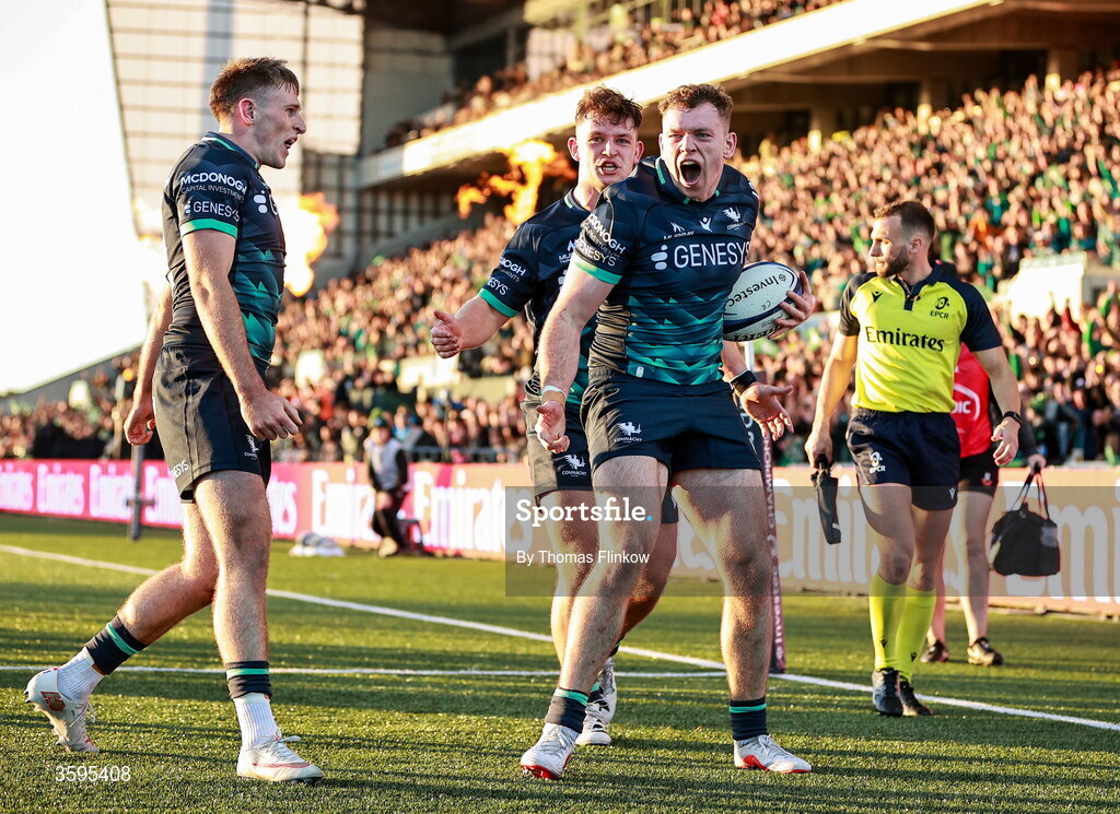 17 October 2026; Cathal Forde of Connacht celebrates after scoring his side's second try during the Investec Champions Cup Round 1 match between Connacht and Saracens at Dexcom Stadium in Galway. Photo by Thomas Flinkow/Sportsfile
