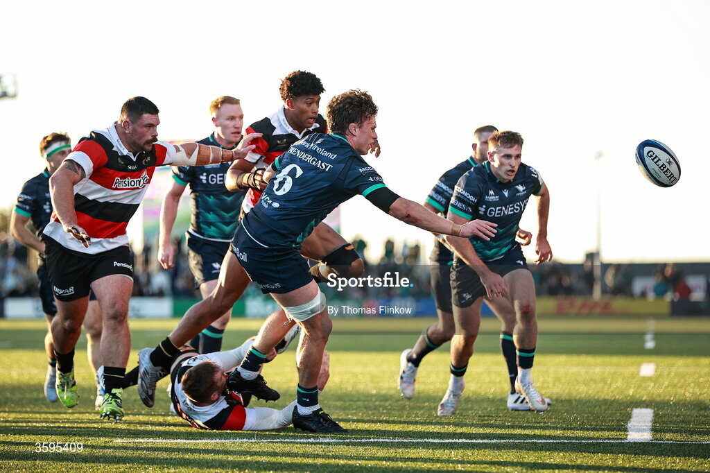 17 October 2026; Cian Prendergast of Connacht in action against Elliot Daly of Saracens during the Investec Champions Cup Round 1 match between Connacht and Saracens at Dexcom Stadium in Galway. Photo by Thomas Flinkow/Sportsfile