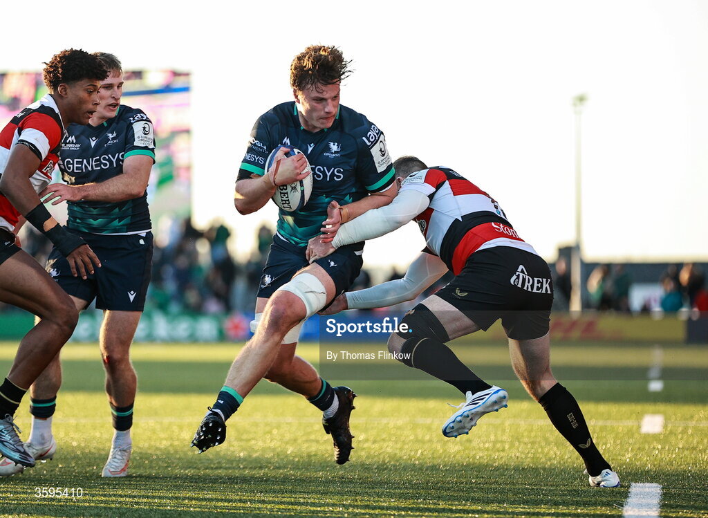 17 October 2026; Cian Prendergast of Connacht in action against Elliot Daly of Saracens during the Investec Champions Cup Round 1 match between Connacht and Saracens at Dexcom Stadium in Galway. Photo by Thomas Flinkow/Sportsfile