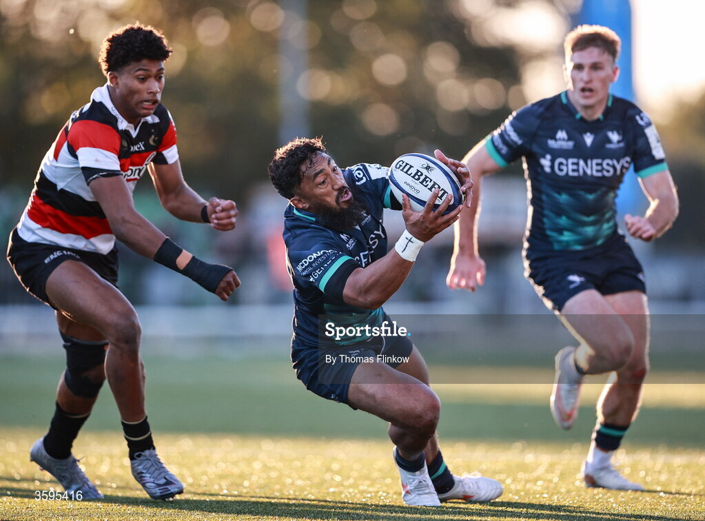 17 October 2026; Bundee Aki of Connacht in action against Noah Caluori of Saracens during the Investec Champions Cup Round 1 match between Connacht and Saracens at Dexcom Stadium in Galway. Photo by Thomas Flinkow/Sportsfile