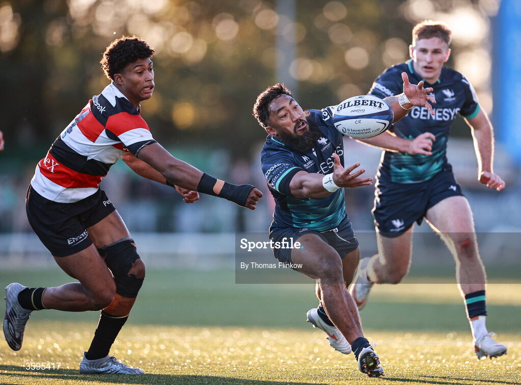 17 October 2026; Bundee Aki of Connacht in action against Noah Caluori of Saracens during the Investec Champions Cup Round 1 match between Connacht and Saracens at Dexcom Stadium in Galway. Photo by Thomas Flinkow/Sportsfile