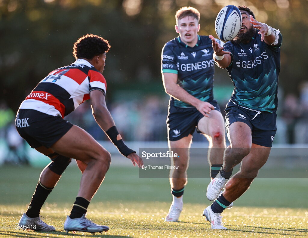 17 October 2026; Bundee Aki of Connacht in action against Noah Caluori of Saracens during the Investec Champions Cup Round 1 match between Connacht and Saracens at Dexcom Stadium in Galway. Photo by Thomas Flinkow/Sportsfile