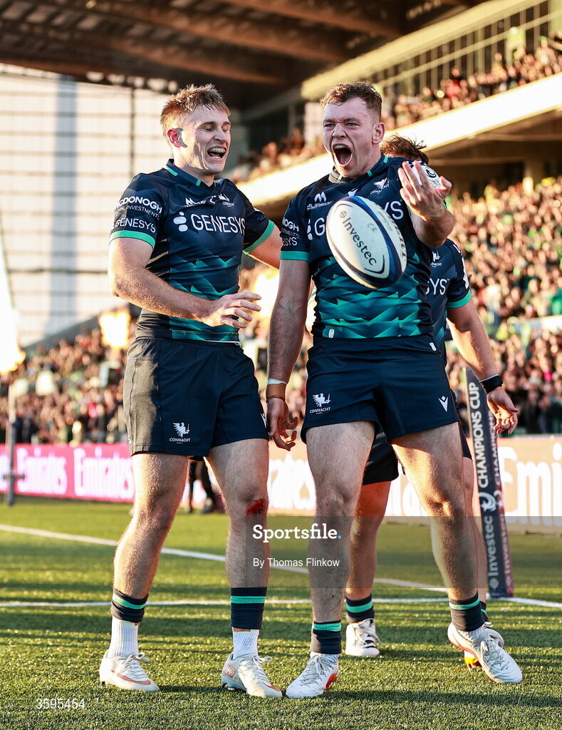 17 October 2026; Cathal Forde of Connacht celebrates after scoring his side's second try during the Investec Champions Cup Round 1 match between Connacht and Saracens at Dexcom Stadium in Galway. Photo by Thomas Flinkow/Sportsfile