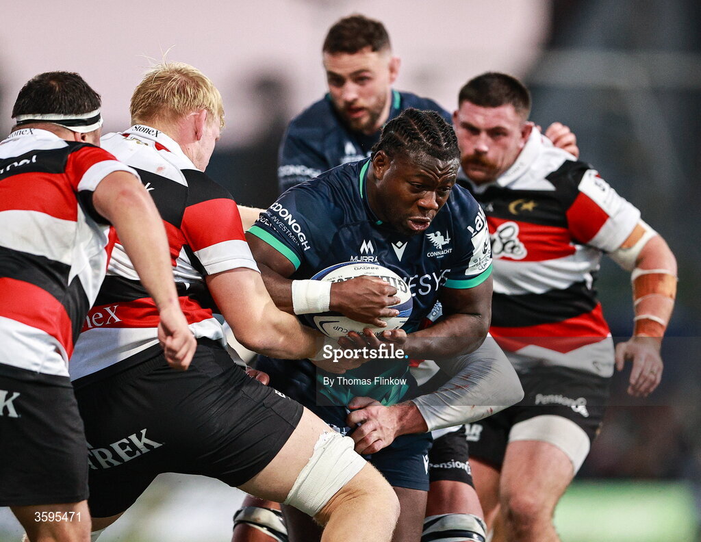 17 October 2026; Sam Illo of Connacht is tackled by Hugh Tizard of Saracens during the Investec Champions Cup Round 1 match between Connacht and Saracens at Dexcom Stadium in Galway. Photo by Thomas Flinkow/Sportsfile