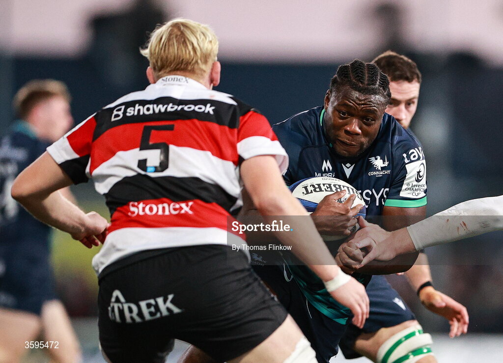 17 October 2026; Sam Illo of Connacht is tackled by Hugh Tizard of Saracens during the Investec Champions Cup Round 1 match between Connacht and Saracens at Dexcom Stadium in Galway. Photo by Thomas Flinkow/Sportsfile
