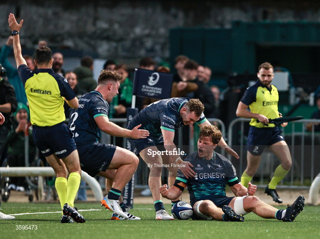 17 October 2026; Cian Prendergast of Connacht celebrates after scoring his side's fourth try during the Investec Champions Cup Round 1 match between Connacht and Saracens at Dexcom Stadium in Galway. Photo by Thomas Flinkow/Sportsfile