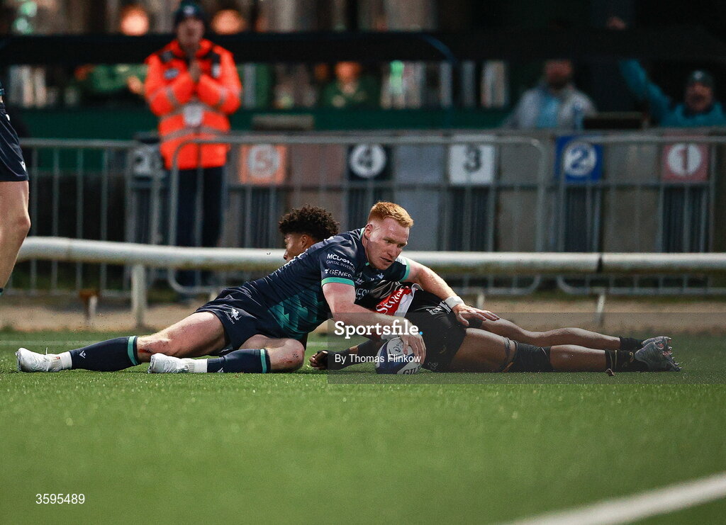 17 October 2026; Ciarán Frawley of Connacht on his way to scoring his side's fifth try during the Investec Champions Cup Round 1 match between Connacht and Saracens at Dexcom Stadium in Galway. Photo by Thomas Flinkow/Sportsfile