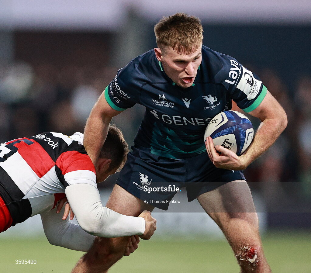 17 October 2026; Cathal Forde of Connacht is tackled by Elliot Daly of Saracens during the Investec Champions Cup Round 1 match between Connacht and Saracens at Dexcom Stadium in Galway. Photo by Thomas Flinkow/Sportsfile