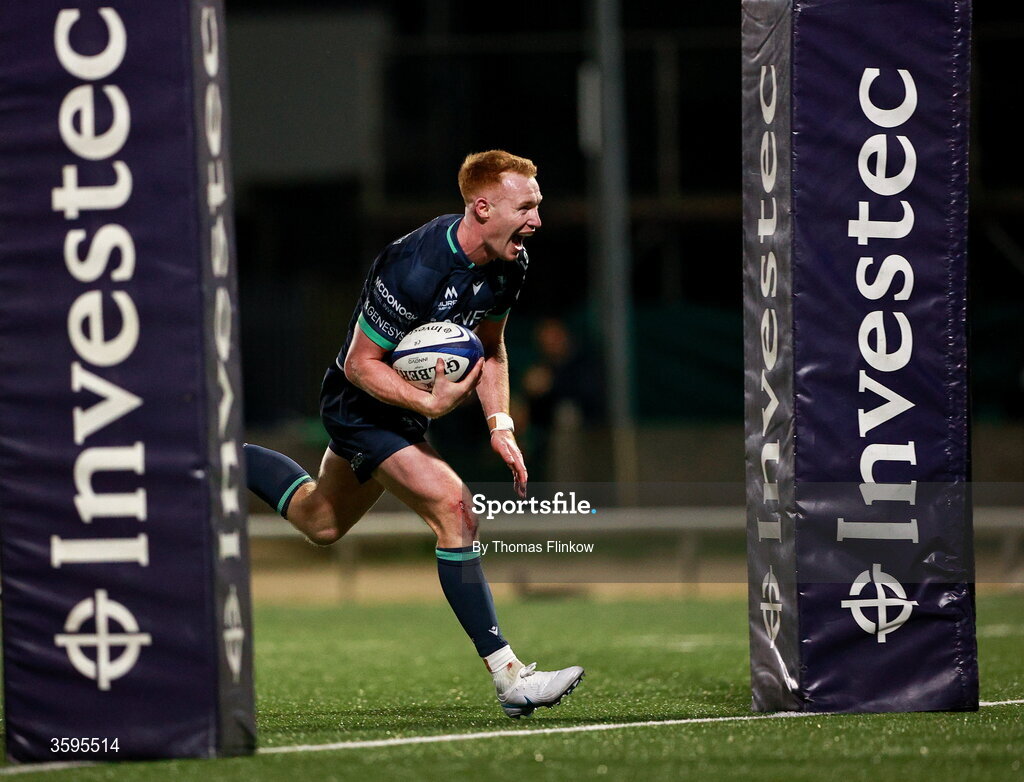17 October 2026; Ciarán Frawley of Connacht on his way to scoring his side's seventh try during the Investec Champions Cup Round 1 match between Connacht and Saracens at Dexcom Stadium in Galway. Photo by Thomas Flinkow/Sportsfile