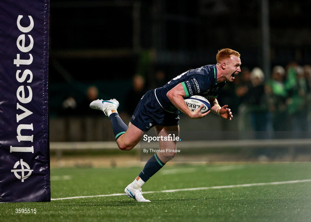 17 October 2026; Ciarán Frawley of Connacht on his way to scoring his side's seventh try during the Investec Champions Cup Round 1 match between Connacht and Saracens at Dexcom Stadium in Galway. Photo by Thomas Flinkow/Sportsfile