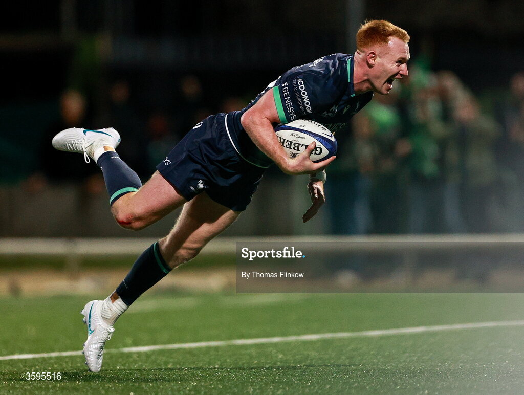 17 October 2026; Ciarán Frawley of Connacht on his way to scoring his side's seventh try during the Investec Champions Cup Round 1 match between Connacht and Saracens at Dexcom Stadium in Galway. Photo by Thomas Flinkow/Sportsfile