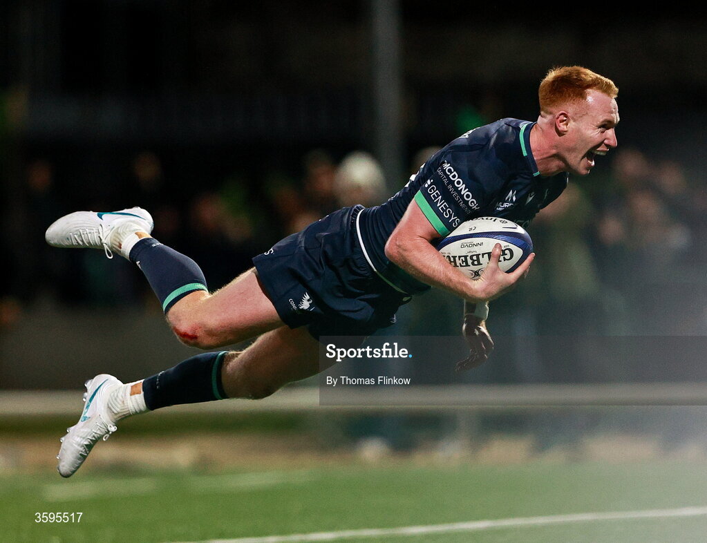 17 October 2026; Ciarán Frawley of Connacht on his way to scoring his side's seventh try during the Investec Champions Cup Round 1 match between Connacht and Saracens at Dexcom Stadium in Galway. Photo by Thomas Flinkow/Sportsfile
