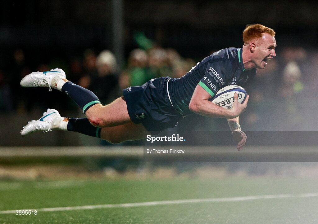 17 October 2026; Ciarán Frawley of Connacht on his way to scoring his side's seventh try during the Investec Champions Cup Round 1 match between Connacht and Saracens at Dexcom Stadium in Galway. Photo by Thomas Flinkow/Sportsfile