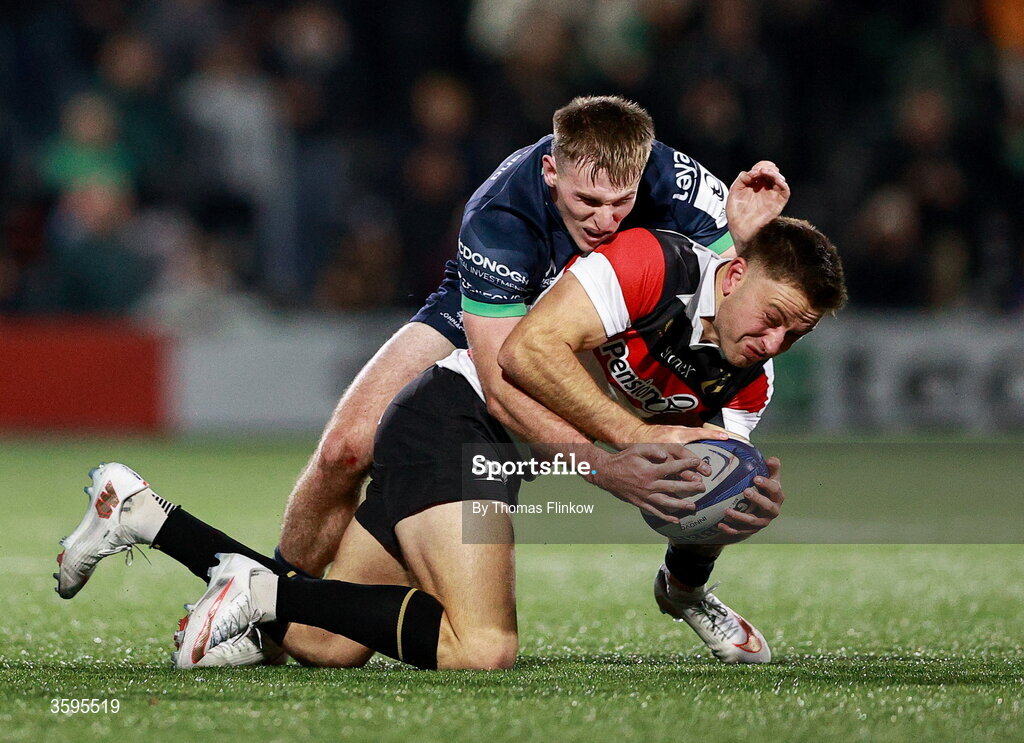 17 October 2026; Fergus Burke of Saracens is tackled by Cathal Forde of Connacht during the Investec Champions Cup Round 1 match between Connacht and Saracens at Dexcom Stadium in Galway. Photo by Thomas Flinkow/Sportsfile