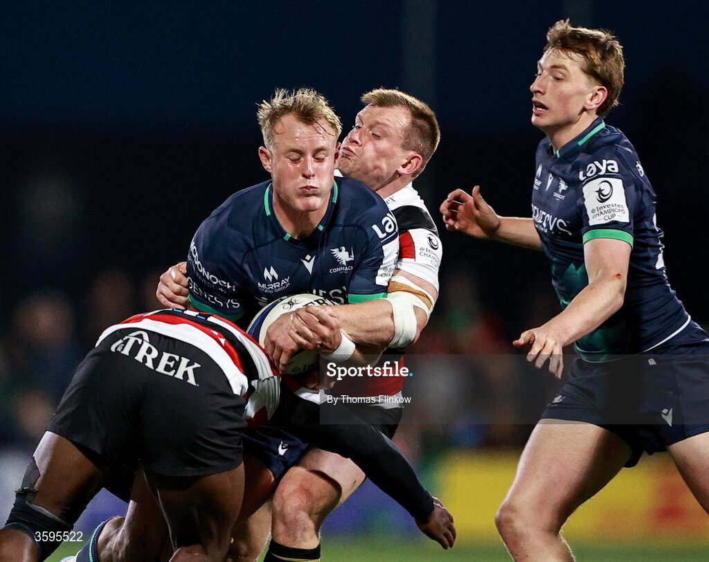 17 October 2026; Sam Gilbert of Connacht is tackled by Saracens players Rotimi Segun, front, and Nick Tompkins during the Investec Champions Cup Round 1 match between Connacht and Saracens at Dexcom Stadium in Galway. Photo by Thomas Flinkow/Sportsfile