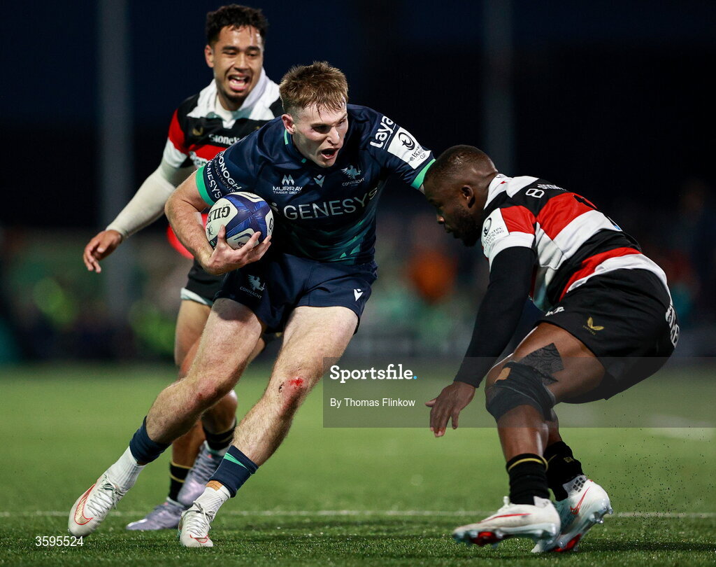 17 October 2026; Cathal Forde of Connacht in action against Rotimi Segun of Saracens during the Investec Champions Cup Round 1 match between Connacht and Saracens at Dexcom Stadium in Galway. Photo by Thomas Flinkow/Sportsfile