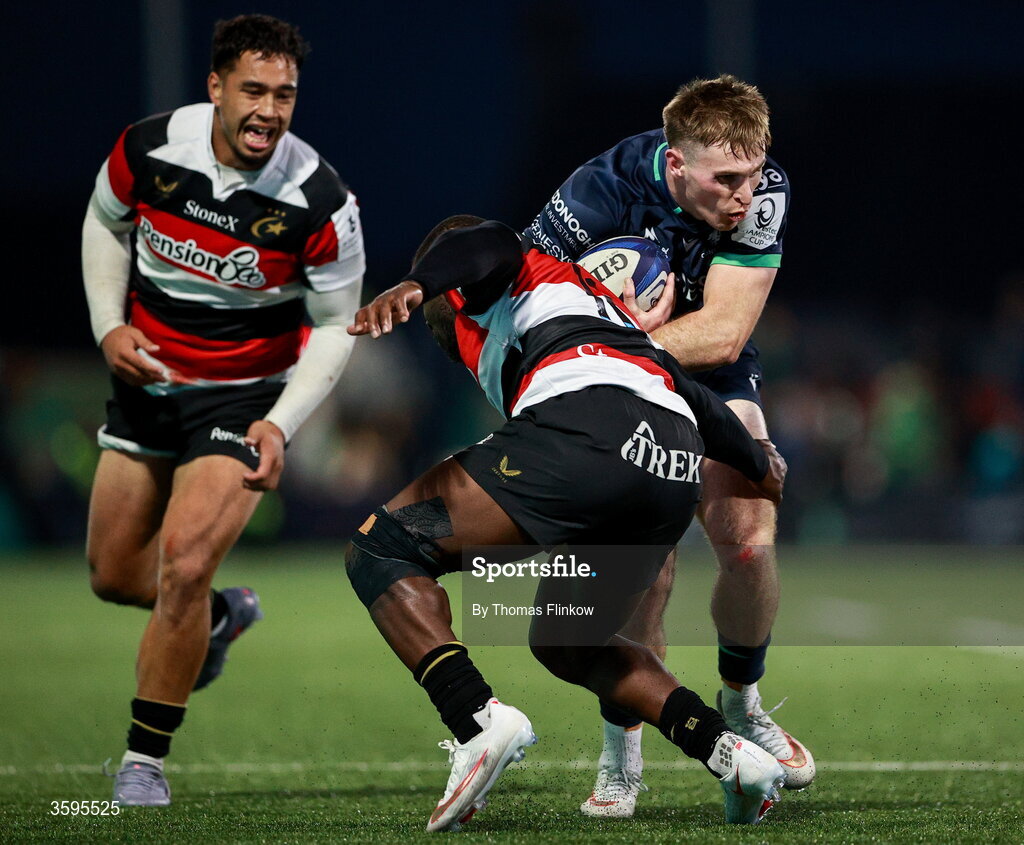17 October 2026; Cathal Forde of Connacht in action against Rotimi Segun of Saracens during the Investec Champions Cup Round 1 match between Connacht and Saracens at Dexcom Stadium in Galway. Photo by Thomas Flinkow/Sportsfile