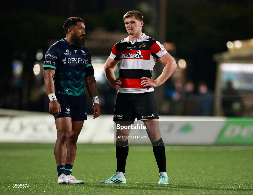 17 October 2026; Bundee Aki of Connacht and Owen Farrell of Saracens after the Investec Champions Cup Round 1 match between Connacht and Saracens at Dexcom Stadium in Galway. Photo by Thomas Flinkow/Sportsfile