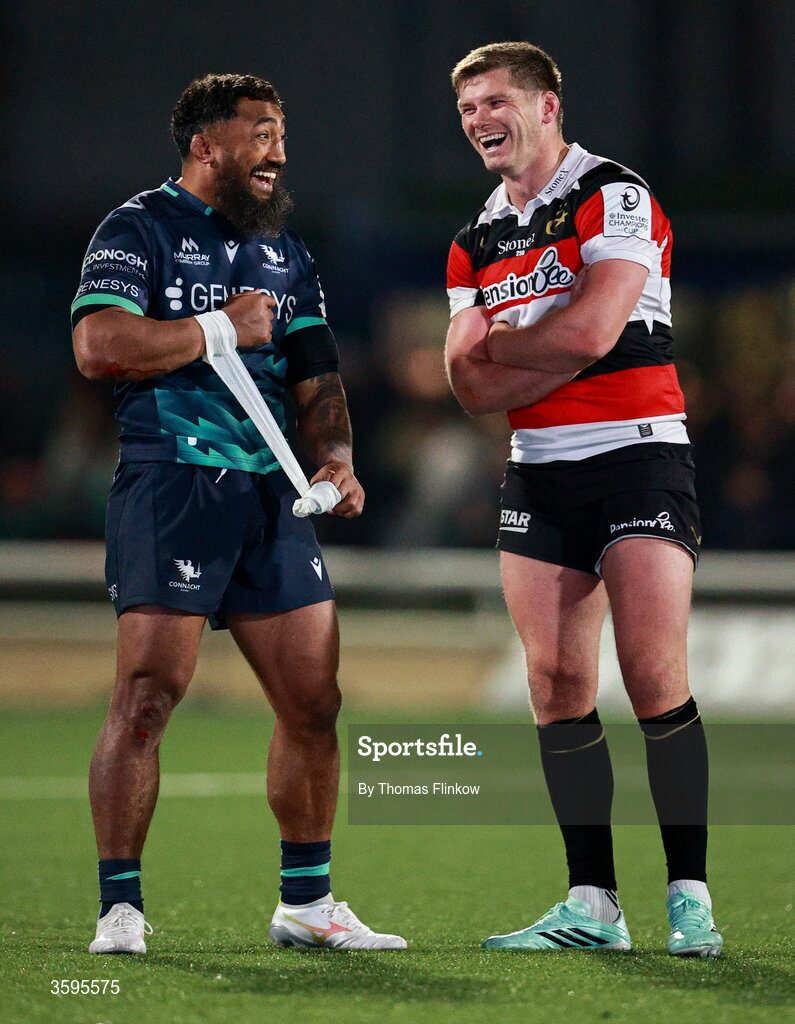 17 October 2026; Bundee Aki of Connacht and Owen Farrell of Saracens share a laugh after the Investec Champions Cup Round 1 match between Connacht and Saracens at Dexcom Stadium in Galway. Photo by Thomas Flinkow/Sportsfile