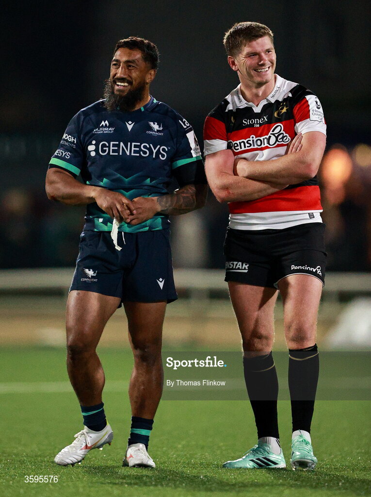 17 October 2026; Bundee Aki of Connacht and Owen Farrell of Saracens share a laugh after the Investec Champions Cup Round 1 match between Connacht and Saracens at Dexcom Stadium in Galway. Photo by Thomas Flinkow/Sportsfile