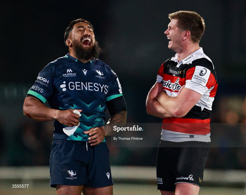 17 October 2026; Bundee Aki of Connacht and Owen Farrell of Saracens share a laugh after the Investec Champions Cup Round 1 match between Connacht and Saracens at Dexcom Stadium in Galway. Photo by Thomas Flinkow/Sportsfile