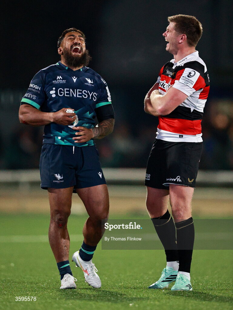 17 October 2026; Bundee Aki of Connacht and Owen Farrell of Saracens share a laugh after the Investec Champions Cup Round 1 match between Connacht and Saracens at Dexcom Stadium in Galway. Photo by Thomas Flinkow/Sportsfile
