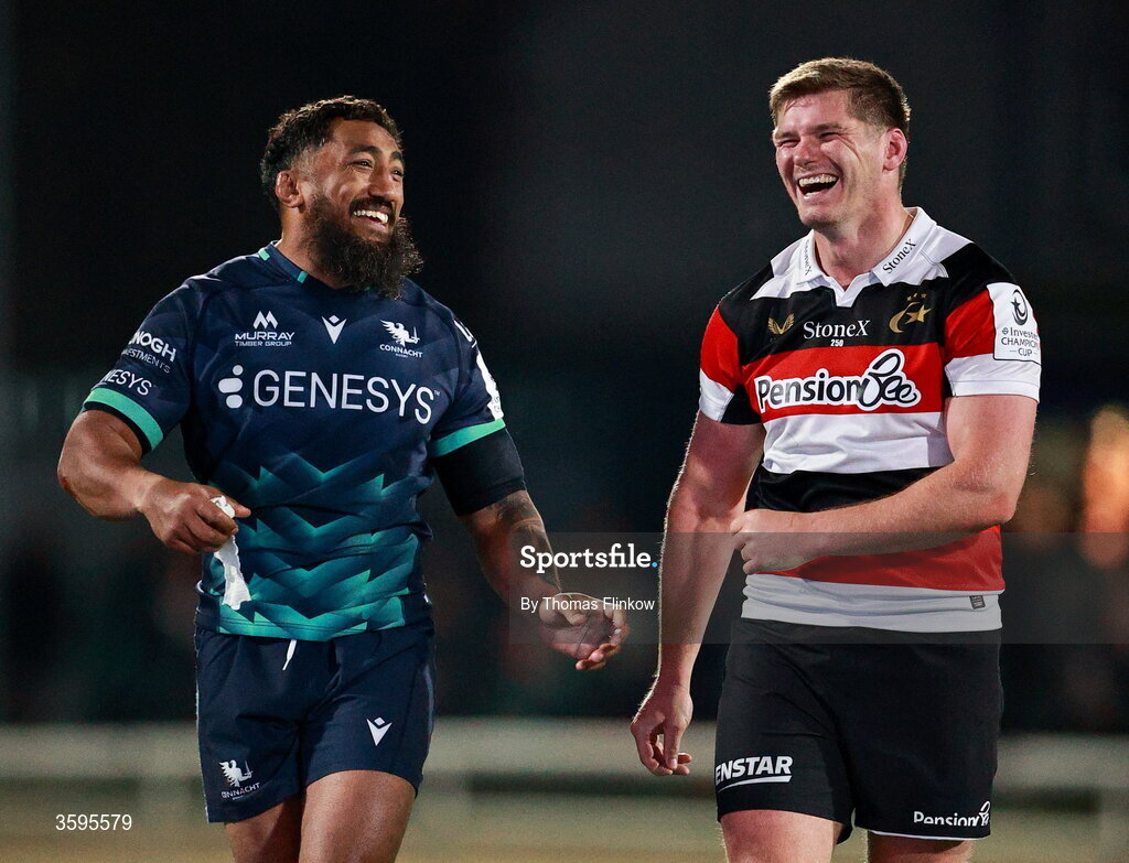 17 October 2026; Bundee Aki of Connacht and Owen Farrell of Saracens share a laugh after the Investec Champions Cup Round 1 match between Connacht and Saracens at Dexcom Stadium in Galway. Photo by Thomas Flinkow/Sportsfile