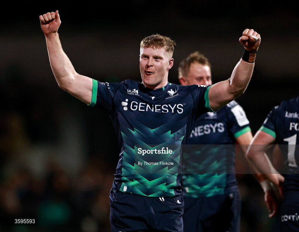 17 October 2026; Sean O'Brien of Connacht celebrates after his side's victory in the Investec Champions Cup Round 1 match between Connacht and Saracens at Dexcom Stadium in Galway. Photo by Thomas Flinkow/Sportsfile