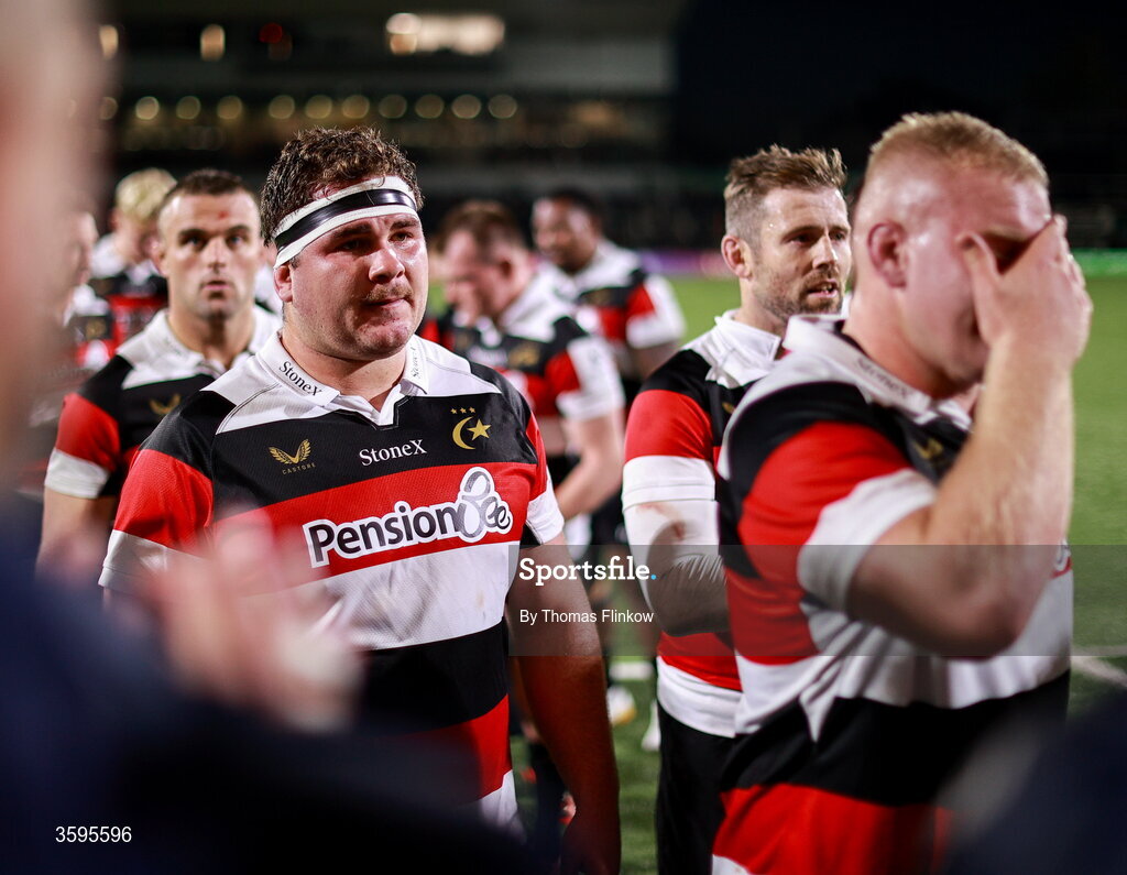 17 October 2026; Corné Weilbach of Saracens, left, leaves the pitch after his side's defeat in the Investec Champions Cup Round 1 match between Connacht and Saracens at Dexcom Stadium in Galway. Photo by Thomas Flinkow/Sportsfile