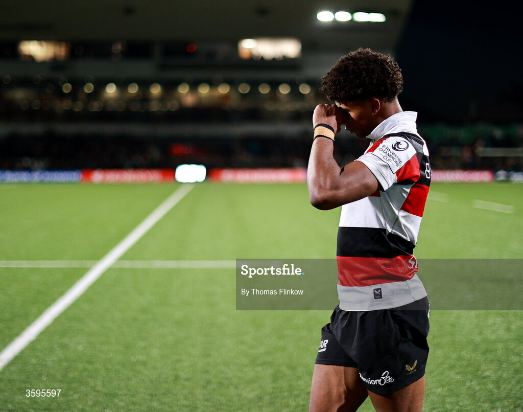 17 October 2026; Noah Caluori of Saracens leaves the pitch after his side's defeat in the Investec Champions Cup Round 1 match between Connacht and Saracens at Dexcom Stadium in Galway. Photo by Thomas Flinkow/Sportsfile