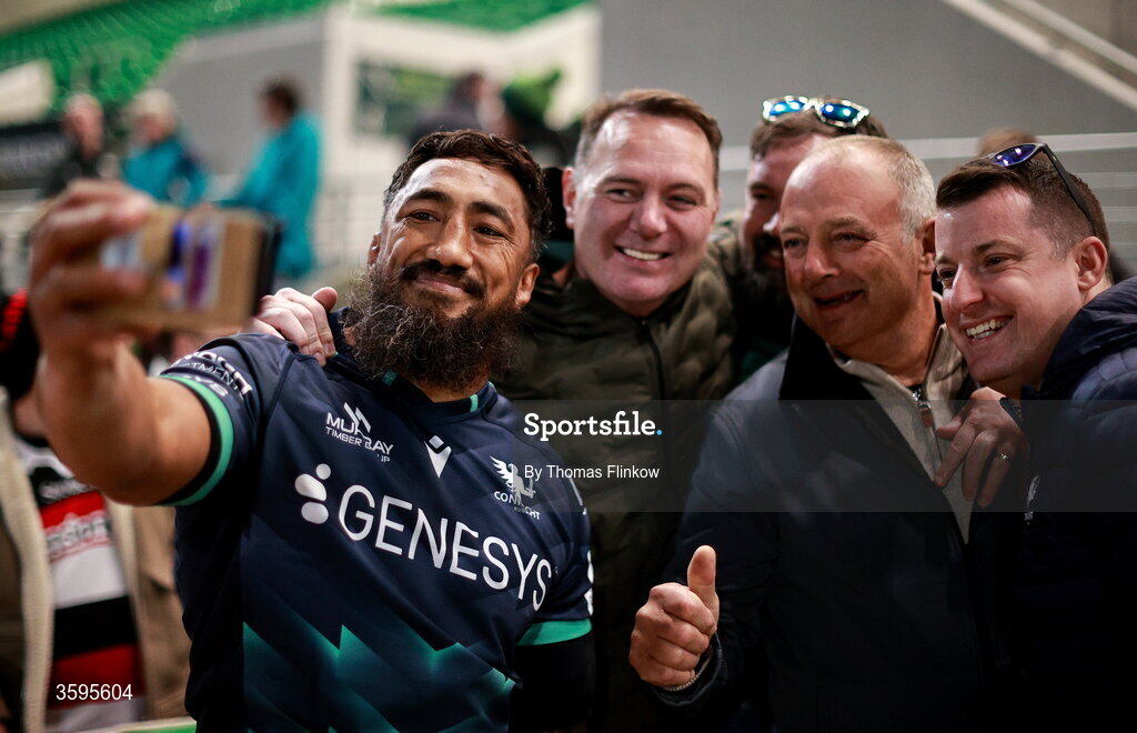 17 October 2026; Bundee Aki of Connacht takes a selfie with supporters after the Investec Champions Cup Round 1 match between Connacht and Saracens at Dexcom Stadium in Galway. Photo by Thomas Flinkow/Sportsfile