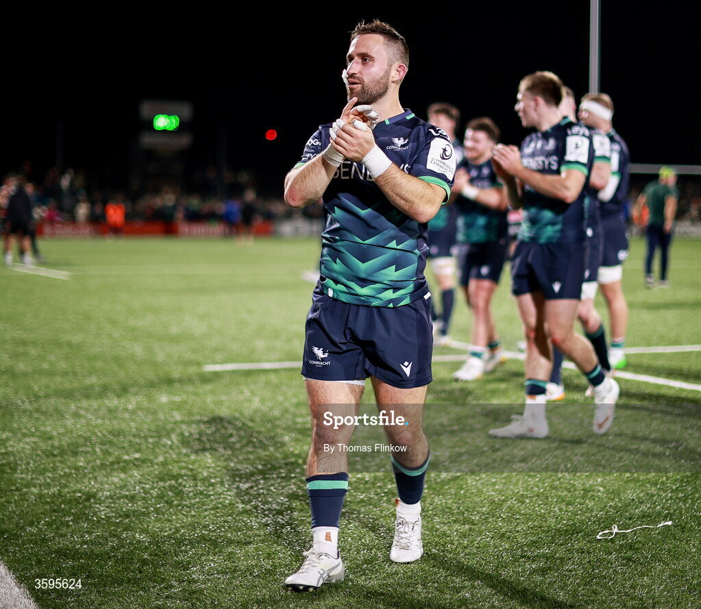 17 October 2026; Caolin Blade of Connacht leaves the pitch after his side's victory in the Investec Champions Cup Round 1 match between Connacht and Saracens at Dexcom Stadium in Galway. Photo by Thomas Flinkow/Sportsfile