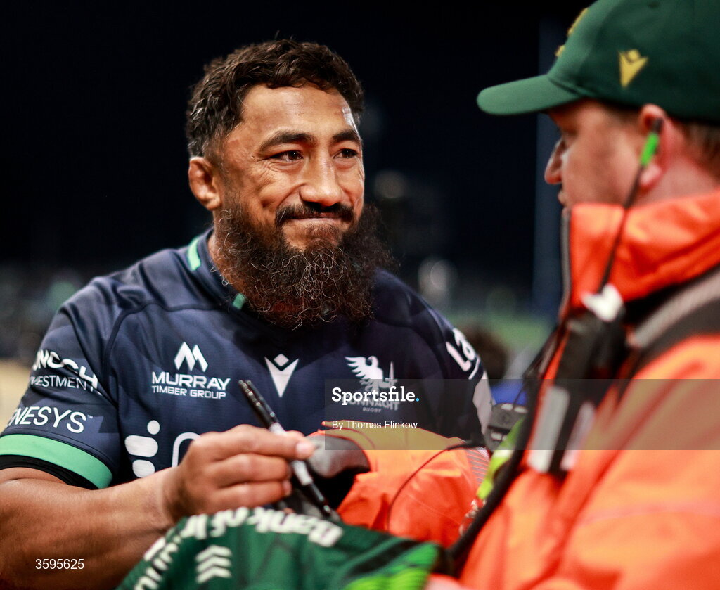 17 October 2026; Bundee Aki of Connacht signs a steward's jersey after the Investec Champions Cup Round 1 match between Connacht and Saracens at Dexcom Stadium in Galway. Photo by Thomas Flinkow/Sportsfile