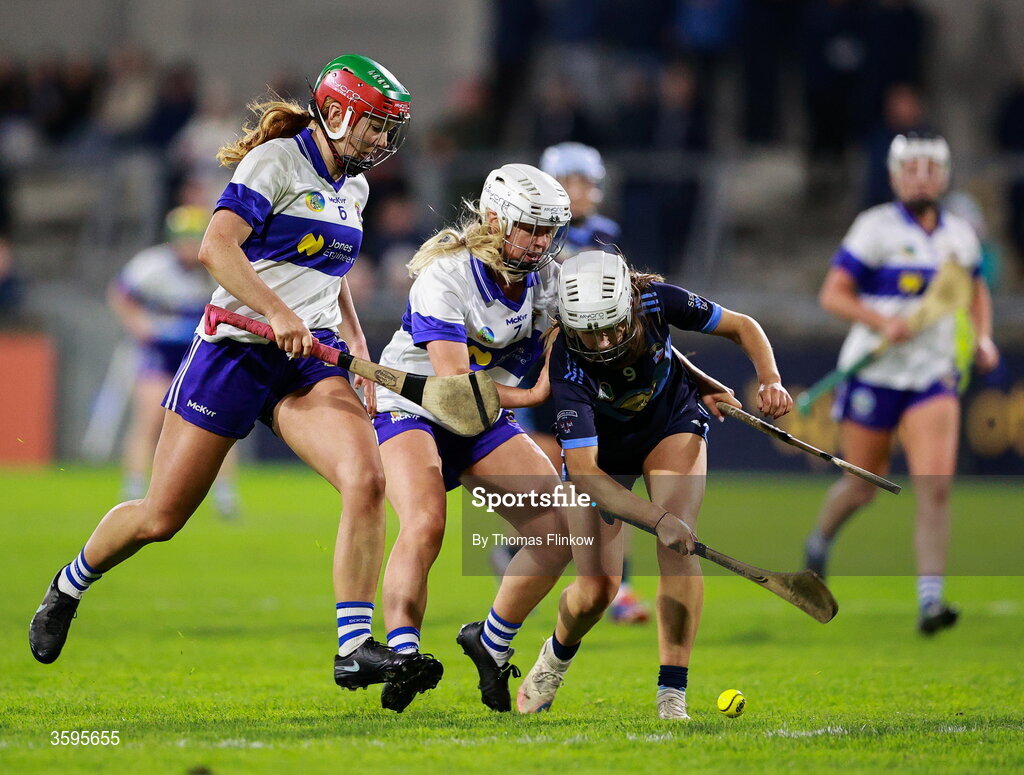 16 October 2026; Caoimhe French of St Jude's in action against St Vincent's players, from left, Aoife Higgins and Shauna McBride during the PTSB Dublin Senior Club Hurling final match between St Vincent's and St Jude's at Parnell Park in Dublin. Photo by Thomas Flinkow/Sportsfile