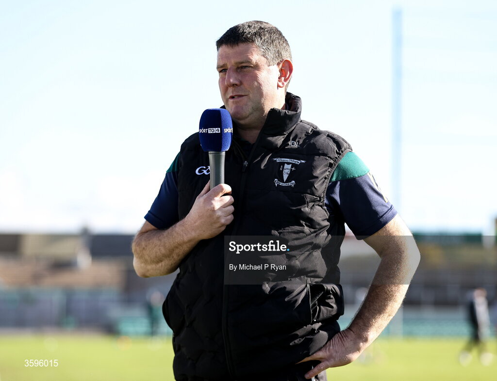18 October 2026; Kilcormac - Killoughey manager Declan Laffan is interviewed before the Offaly County Senior Club Hurling Championship final match between Kilcormac - Killoughey and Ballinamerey at Glenisk O'Connor Park in Tullamore, Offaly. Photo by Michael P Ryan/Sportsfile