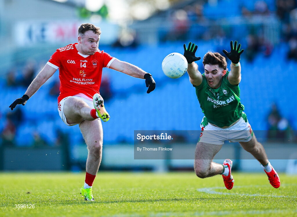 18 October 2026; Jack Tumulty of Pádraig Pearses kicks a point despite the attention of Ruaidhri Fallon of St Brigid's during the Roscommon County Senior Club Football Championship final match between Pádraig Pearses and St Brigid's at King & Moffatt Dr Hyde Park in Roscommon. Photo by Thomas Flinkow/Sportsfile
