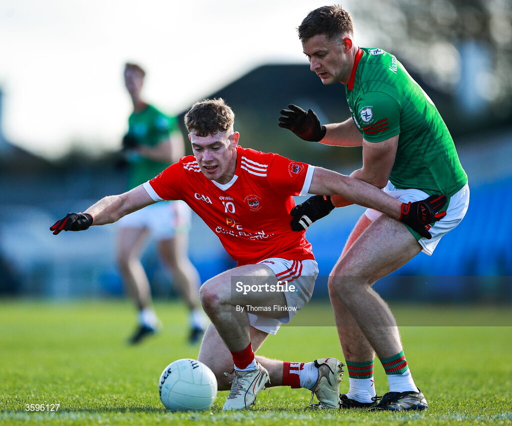 18 October 2026; Keelan Kelly of Pádraig Pearses in action against Mark Daly of St Brigid's during the Roscommon County Senior Club Football Championship final match between Pádraig Pearses and St Brigid's at King & Moffatt Dr Hyde Park in Roscommon. Photo by Thomas Flinkow/Sportsfile