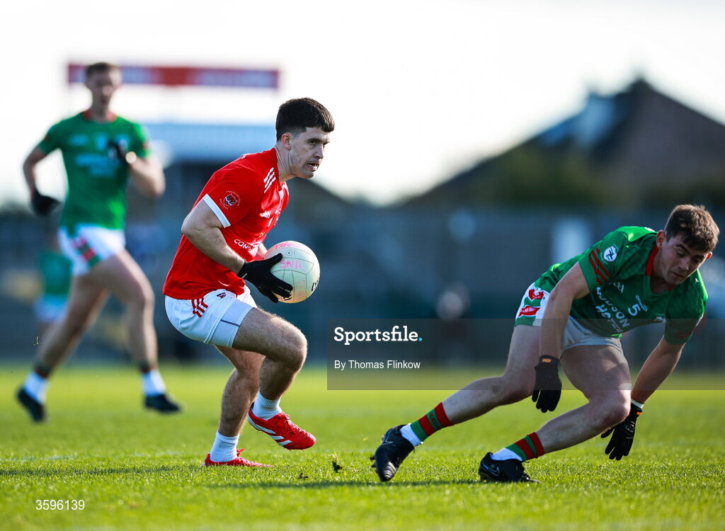 18 October 2026; Lorcán Daly of Pádraig Pearses in action against Robbie Dolan of St Brigid's during the Roscommon County Senior Club Football Championship final match between Pádraig Pearses and St Brigid's at King & Moffatt Dr Hyde Park in Roscommon. Photo by Thomas Flinkow/Sportsfile