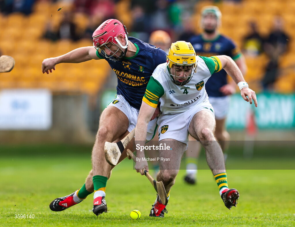 18 October 2026; Cian Kinnarney of Ballinamere in action against Thomas Geraghty of Kilcormac-Killoughey during the Offaly County Senior Club Hurling Championship final match between Kilcormac - Killoughey and Ballinamerey at Glenisk O'Connor Park in Tullamore, Offaly. Photo by Michael P Ryan/Sportsfile