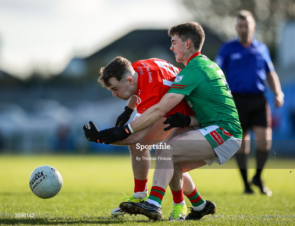 18 October 2026; Jack Tumulty of Pádraig Pearses in action against Robbie Dolan of St Brigid's during the Roscommon County Senior Club Football Championship final match between Pádraig Pearses and St Brigid's at King & Moffatt Dr Hyde Park in Roscommon. Photo by Thomas Flinkow/Sportsfile