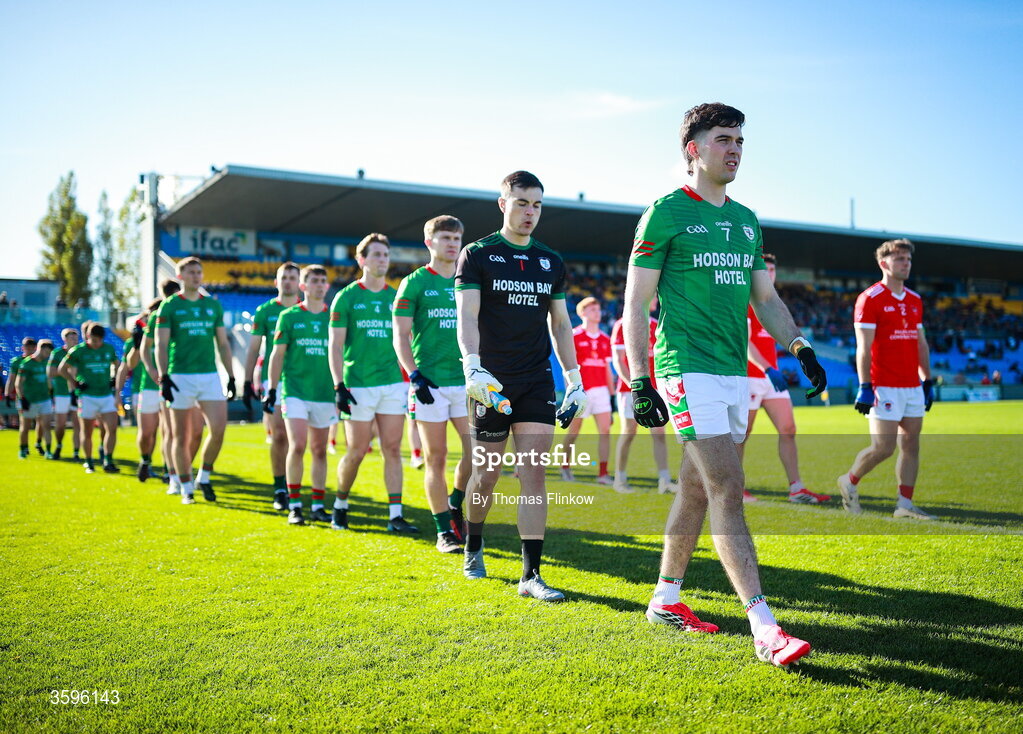 18 October 2026; Both teams in the pre-match parade before the Roscommon County Senior Club Football Championship final match between Pádraig Pearses and St Brigid's at King & Moffatt Dr Hyde Park in Roscommon. Photo by Thomas Flinkow/Sportsfile