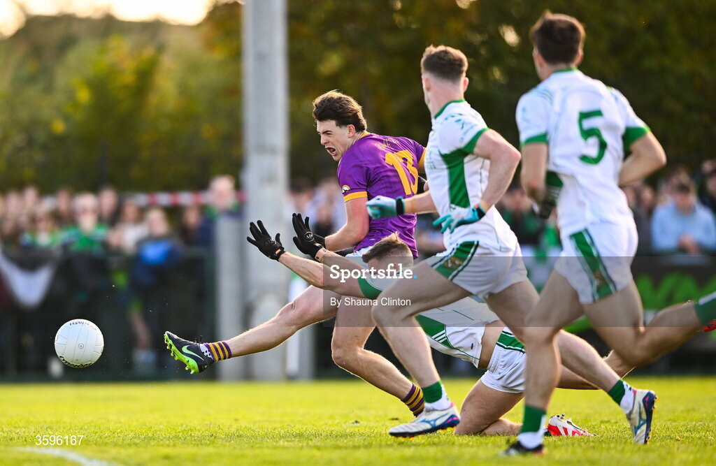 18 October 2026; Tom Gavigan of Wolfe Tones shoots to score his side's first goal during the Meath County Senior Club Football Championship final match between Wolfe Tones and Donaghmore/ Ashbourne at Donaghmore-Ashbourne GAA Club in Ashbourne, Meath. Photo by Shauna Clinton/Sportsfile