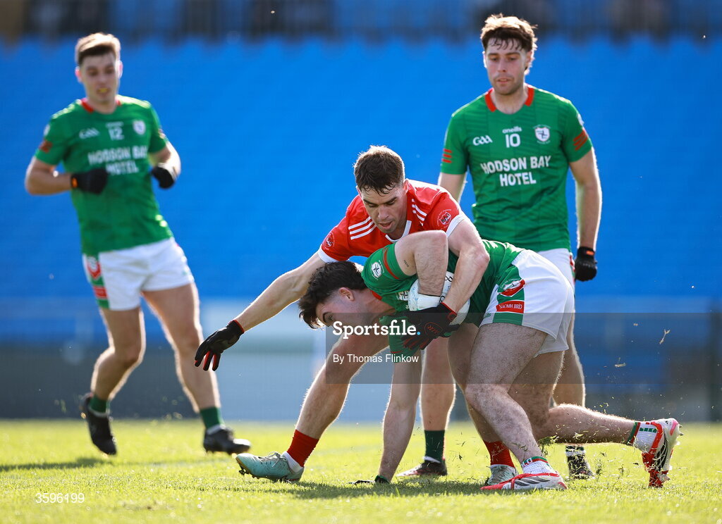 18 October 2026; Ruaidhri Fallon of St Brigid's in action against David Murray of Pádraig Pearses during the Roscommon County Senior Club Football Championship final match between Pádraig Pearses and St Brigid's at King & Moffatt Dr Hyde Park in Roscommon. Photo by Thomas Flinkow/Sportsfile