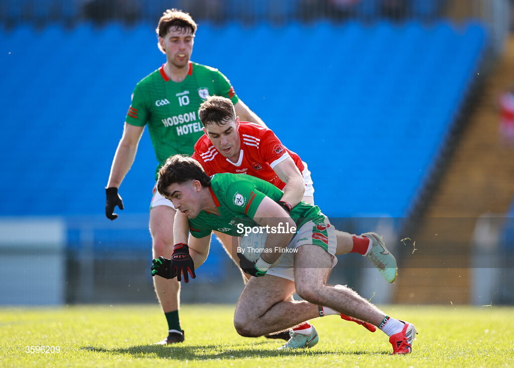 18 October 2026; Ruaidhri Fallon of St Brigid's in action against David Murray of Pádraig Pearses during the Roscommon County Senior Club Football Championship final match between Pádraig Pearses and St Brigid's at King & Moffatt Dr Hyde Park in Roscommon. Photo by Thomas Flinkow/Sportsfile
